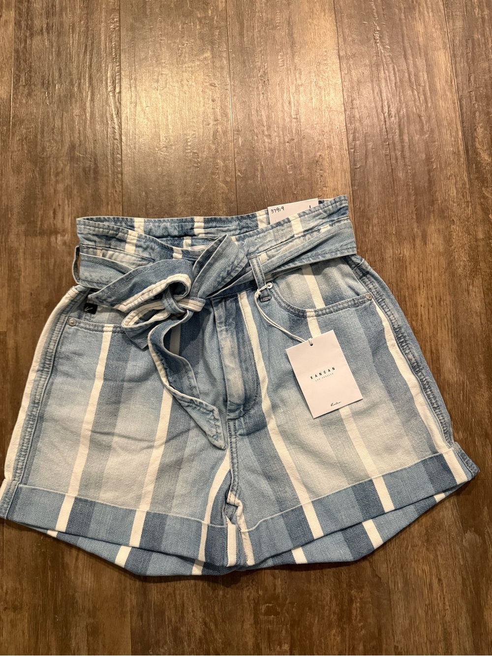 KanCan Blue and White Striped High Waist Paperbag Shorts with Tie